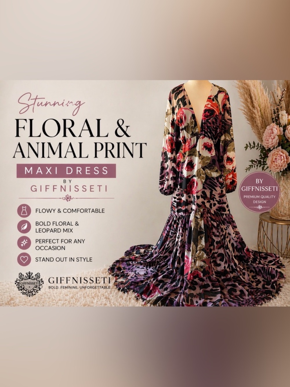 NWT Giffniseti Boho Floral Leopard Print Maxi Dress Size 3X